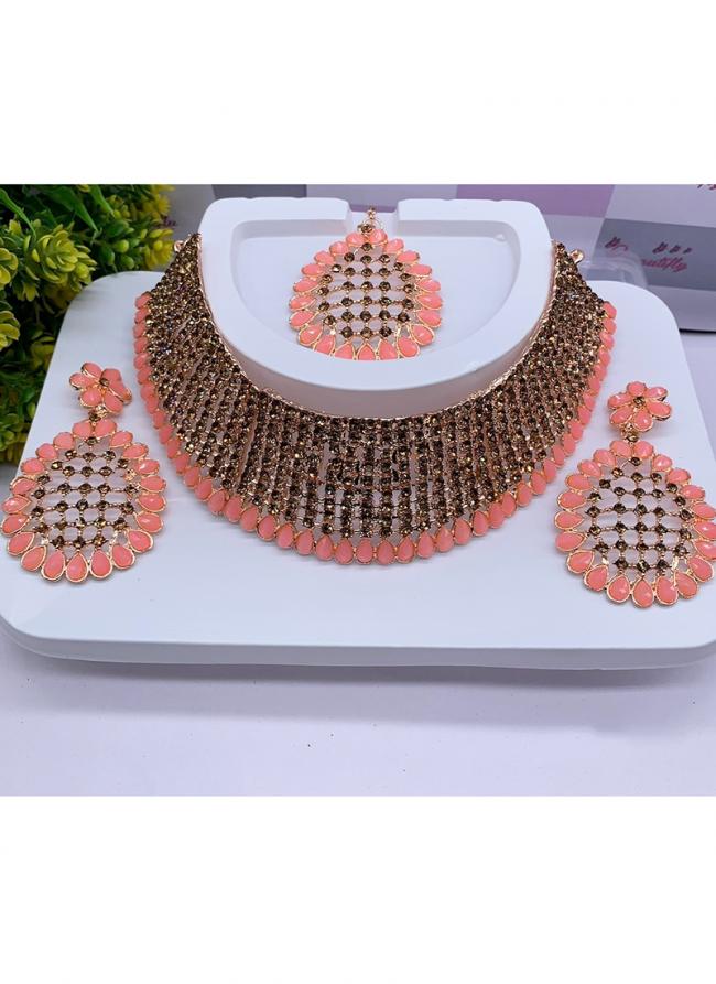 Pink Crystal Golden Jewellery Set